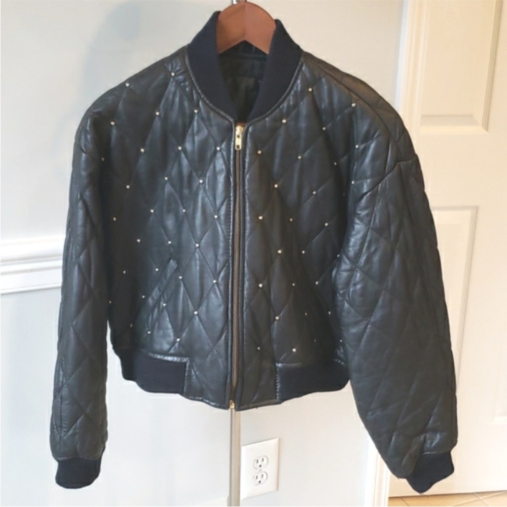 Studded Leather Harlequin Quilted Black Bomber Jacket bikercore luxury fun Small